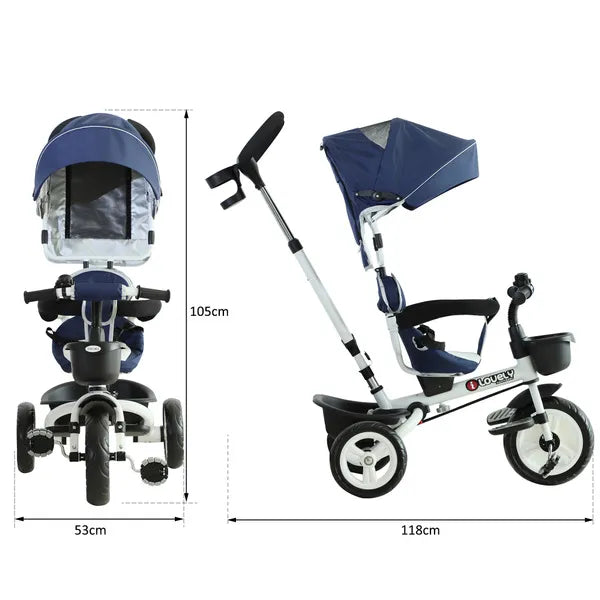 HOMCOM 4-in-1 Tricycle 3 Wheels Baby Pedal Trike W/ Canopy for Ages Over 18 Months Toddler, Blue