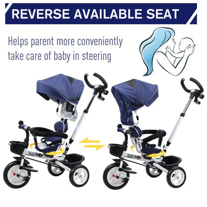 HOMCOM 4-in-1 Tricycle 3 Wheels Baby Pedal Trike W/ Canopy for Ages Over 18 Months Toddler, Blue