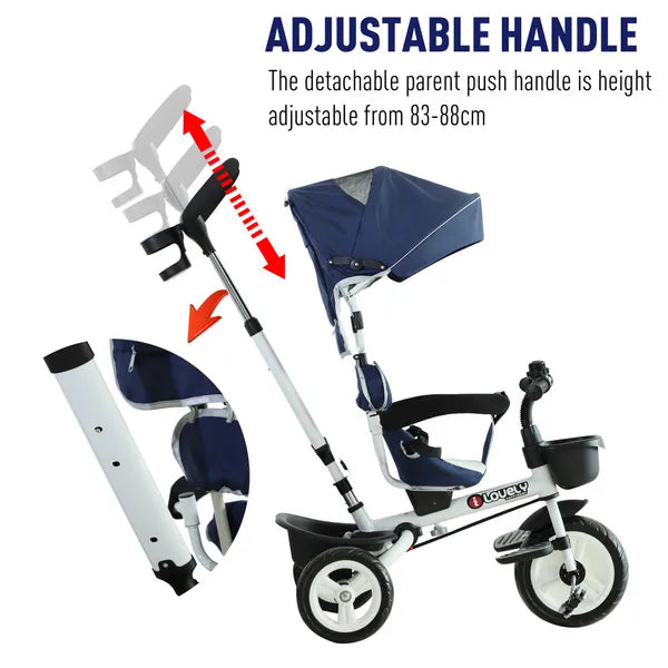 HOMCOM 4-in-1 Tricycle 3 Wheels Baby Pedal Trike W/ Canopy for Ages Over 18 Months Toddler, Blue