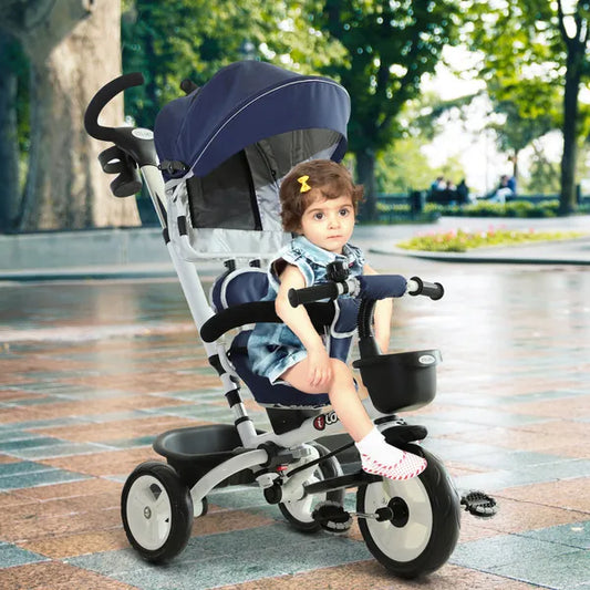 HOMCOM 4-in-1 Tricycle 3 Wheels Baby Pedal Trike W/ Canopy for Ages Over 18 Months Toddler, Blue