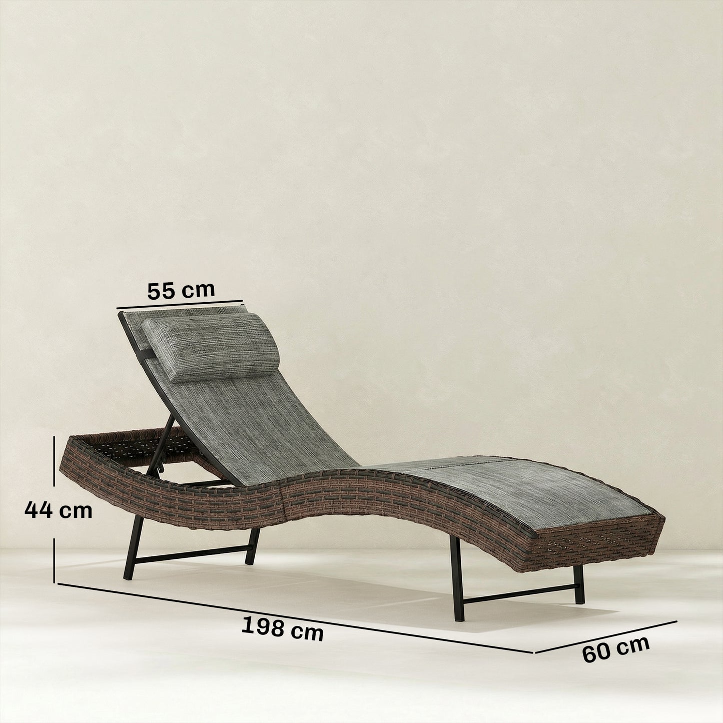 Rattan Sun Lounger | S-Curve Ergonomic Texteline Seat | 5 Position Adjustable Backrest | Headrest | All-Weather PE Rattan | Powder-Coated Frame | 198x60x44cm | 120kg | Brown