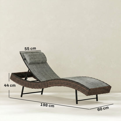 Rattan Sun Lounger | S-Curve Ergonomic Texteline Seat | 5 Position Adjustable Backrest | Headrest | All-Weather PE Rattan | Powder-Coated Frame | 198x60x44cm | 120kg | Brown