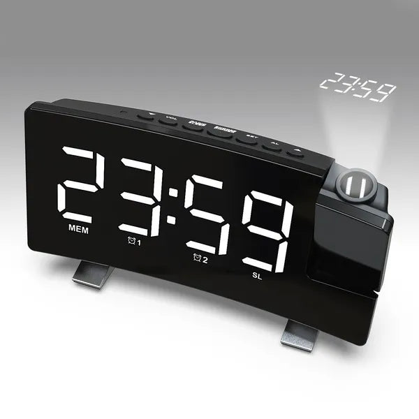 Projection Clocks FM Radio Curved Screen Digital Alarm Clock LED Display With Dimmer Dual Alarm with USB Charging Port