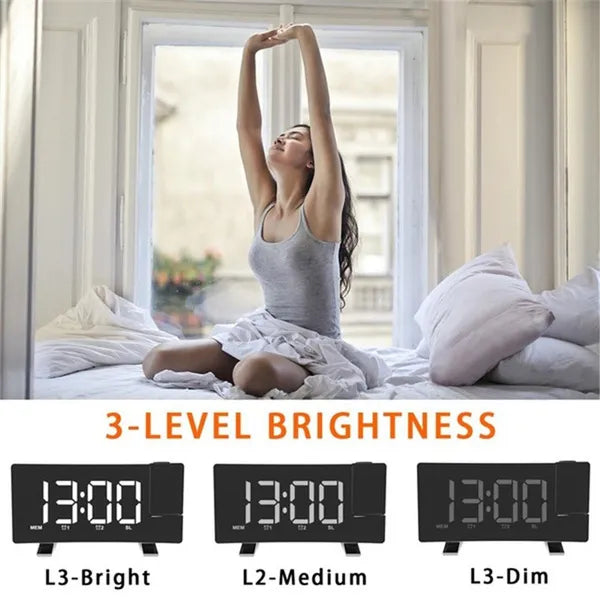Projection Clocks FM Radio Curved Screen Digital Alarm Clock LED Display With Dimmer Dual Alarm with USB Charging Port