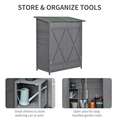 Wooden Garden Storage Shed Lockable Tool Cabinet Organizer W/ Storage Table, Double Door, 139 X 75 X 160 Cm, Grey