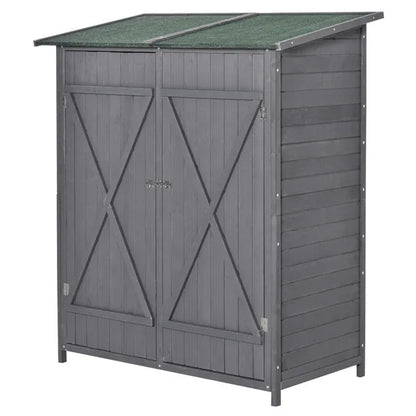 Wooden Garden Storage Shed Lockable Tool Cabinet Organizer W/ Storage Table, Double Door, 139 X 75 X 160 Cm, Grey