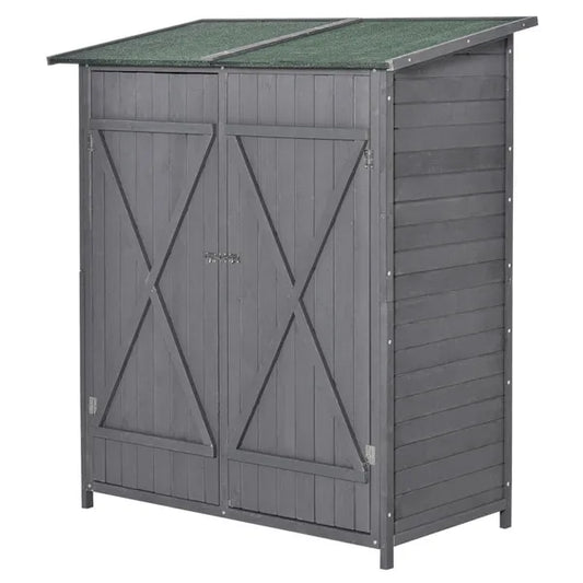 Wooden Garden Storage Shed Lockable Tool Cabinet Organizer W/ Storage Table, Double Door, 139 X 75 X 160 Cm, Grey