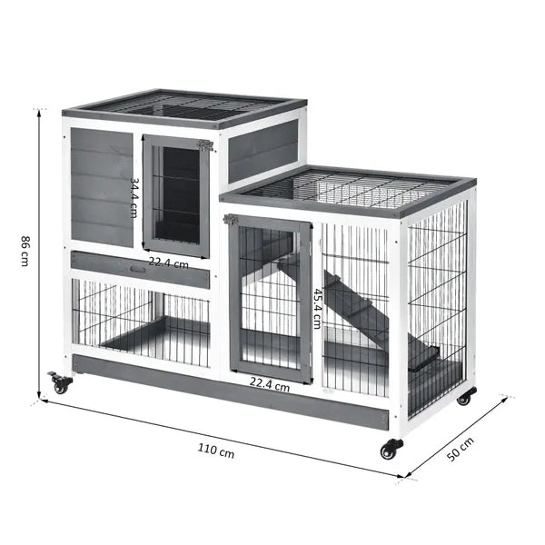 PawHut Indoor Wooden Rabbit Hutch Guinea Pigs House Bunny Small Animal Cage W/ Wheels Enclosed Run 110 X 50 X 86 Cm