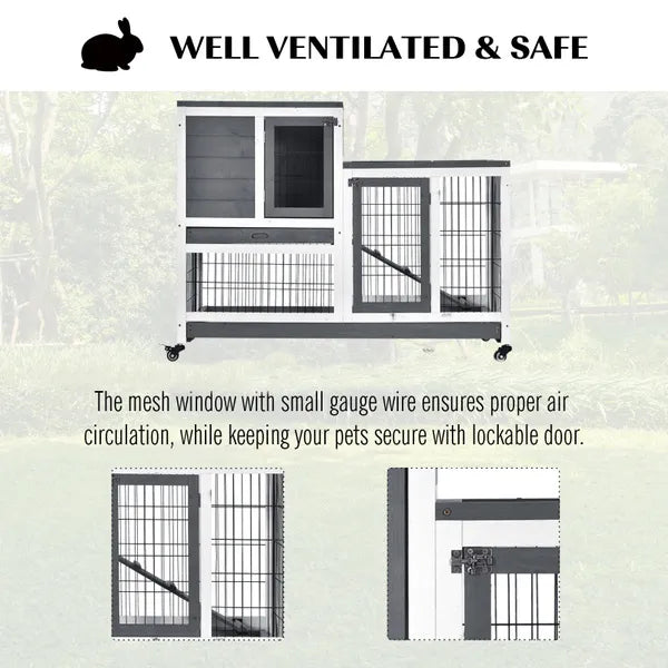 PawHut Indoor Wooden Rabbit Hutch Guinea Pigs House Bunny Small Animal Cage W/ Wheels Enclosed Run 110 X 50 X 86 Cm
