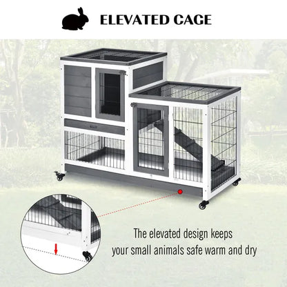 PawHut Indoor Wooden Rabbit Hutch Guinea Pigs House Bunny Small Animal Cage W/ Wheels Enclosed Run 110 X 50 X 86 Cm