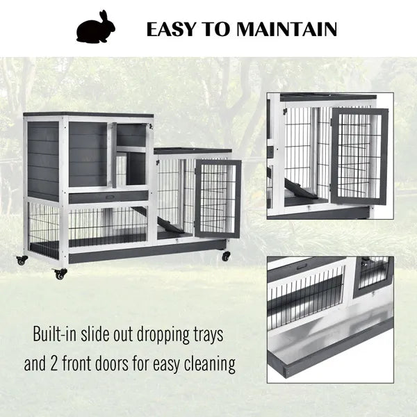 PawHut Indoor Wooden Rabbit Hutch Guinea Pigs House Bunny Small Animal Cage W/ Wheels Enclosed Run 110 X 50 X 86 Cm