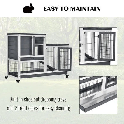 PawHut Indoor Wooden Rabbit Hutch Guinea Pigs House Bunny Small Animal Cage W/ Wheels Enclosed Run 110 X 50 X 86 Cm