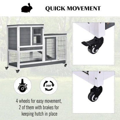 PawHut Indoor Wooden Rabbit Hutch Guinea Pigs House Bunny Small Animal Cage W/ Wheels Enclosed Run 110 X 50 X 86 Cm