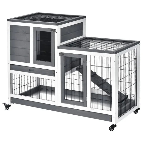 PawHut Indoor Wooden Rabbit Hutch Guinea Pigs House Bunny Small Animal Cage W/ Wheels Enclosed Run 110 X 50 X 86 Cm