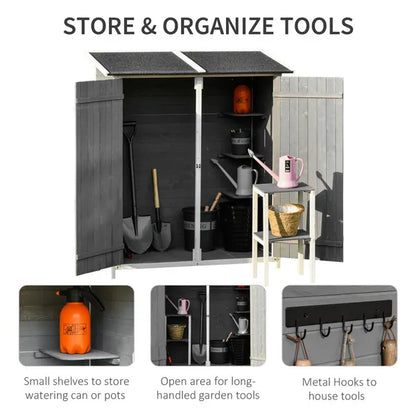 Garden Storage Shed Tool Organizer w/ Storage Table, Hooks, and Ground Nails