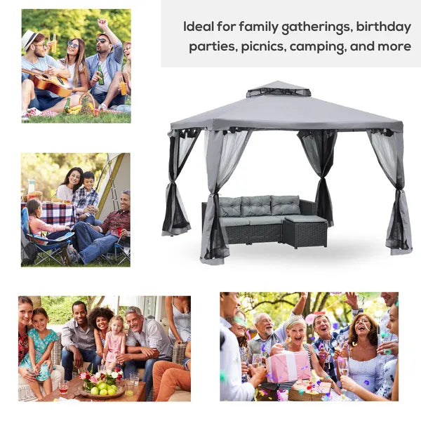 Metal Gazebo Garden Outdoor 2-tier Roof Marquee Party Tent Grey 3 X 3 Metre
