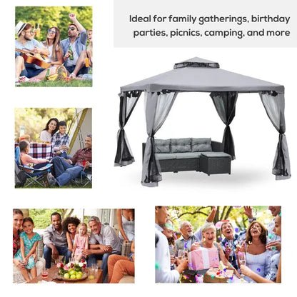 Metal Gazebo Garden Outdoor 2-tier Roof Marquee Party Tent Grey 3 X 3 Metre