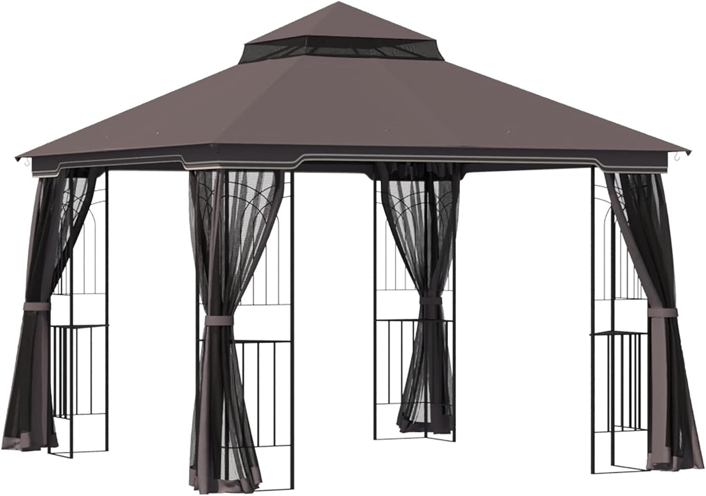 Gazebo Garden Outdoor Canopy Double Tier Roof with Mesh Curtains Display Shelves Coffee 3 x 3(m)