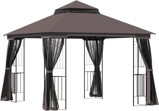 Gazebo Garden Outdoor Canopy Double Tier Roof with Mesh Curtains Display Shelves Coffee 3 x 3(m)