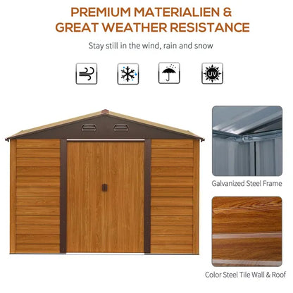 Outdoor 9 X 6Ft Metal Garden Storage Shed Apex Store for Gardening Tool with Foundation and Ventilation, Brown with Wood Grain