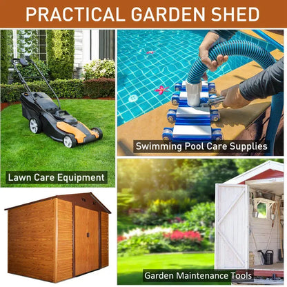 Outdoor 9 X 6Ft Metal Garden Storage Shed Apex Store for Gardening Tool with Foundation and Ventilation, Brown with Wood Grain