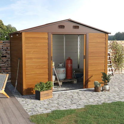 Outdoor 9 X 6Ft Metal Garden Storage Shed Apex Store for Gardening Tool with Foundation and Ventilation, Brown with Wood Grain