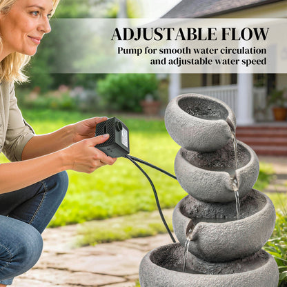 4-Tier Resin Waterfall Fountain | Weathered Stone Look | Warm White LED Lights | 3-Speed Pump | 10-12L | 230V | UK Plug | 3m Cable | 35x32x50cm | Garden Patio Indoor & Outdoor | Mixed Colour