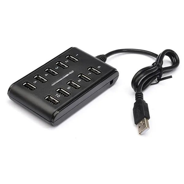 Portable Double Row Ten Port USB HUB Docking Station General Purpose Work, Home, With Switch. ABS Plastic - Black