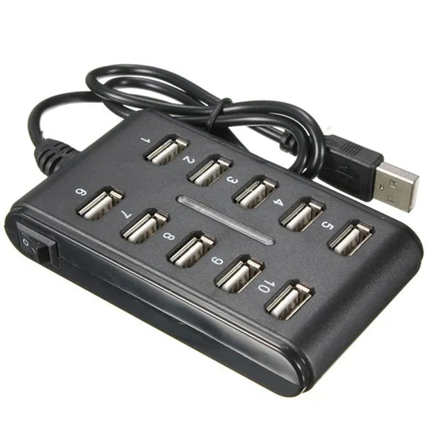 Portable Double Row Ten Port USB HUB Docking Station General Purpose Work, Home, With Switch. ABS Plastic - Black
