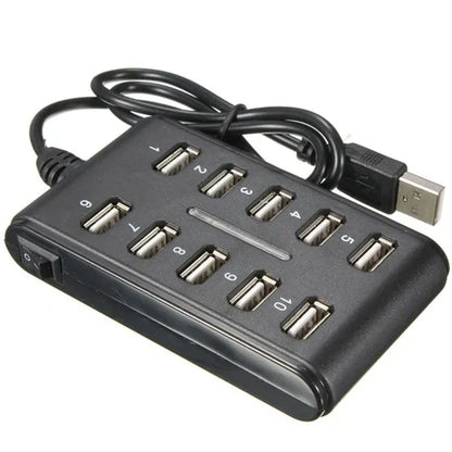 Portable Double Row Ten Port USB HUB Docking Station General Purpose Work, Home, With Switch. ABS Plastic - Black