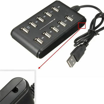 Portable Double Row Ten Port USB HUB Docking Station General Purpose Work, Home, With Switch. ABS Plastic - Black