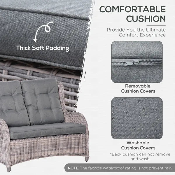 Outsunny Garden PE Rattan Sofa Set, Outdoor 4 Seater Wicker Furniture, High Back Chairs with Cushions, Tempered Glass Coffee Table for Lawn, Backyard, Mixed Grey