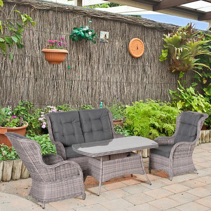 Outsunny Garden PE Rattan Sofa Set, Outdoor 4 Seater Wicker Furniture, High Back Chairs with Cushions, Tempered Glass Coffee Table for Lawn, Backyard, Mixed Grey