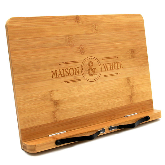 Bamboo Recipe Book Stand | Adjustable & Foldable | 2 Metal Page Holders | Tablet Rest | Water-Resistant | 33.5x24x4.4cm | 2-Year Warranty