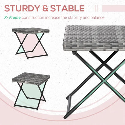 Small Folding Square Rattan Bistro Wicker Weave Side Table 40H X 40L X 40Wcm Grey