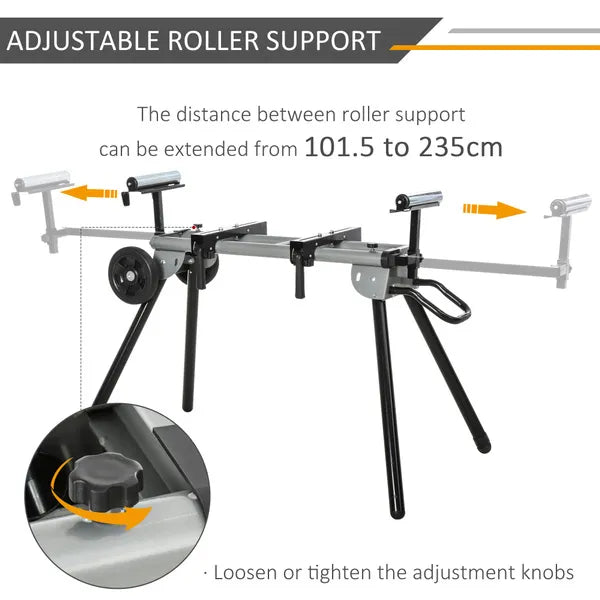 Mitre Saw Stand with Extensions, Sawhorse For Cutting Wood, Logs Foldable with Wheels Max Load 150 Kg, Black and Grey