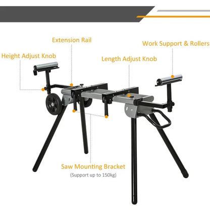 Mitre Saw Stand with Extensions, Sawhorse For Cutting Wood, Logs Foldable with Wheels Max Load 150 Kg, Black and Grey