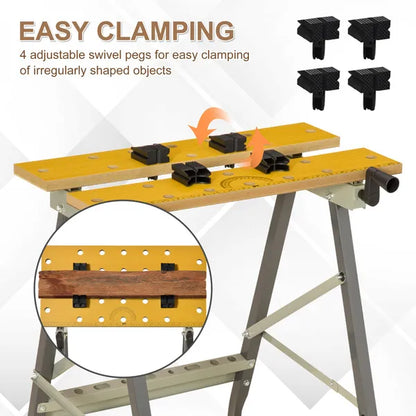 DURHAND 4-in-1 Work Bench, Saw Horse Folding Clamp Table w/ 4 Adjustable Clamping Pegs for DIY Home Garage