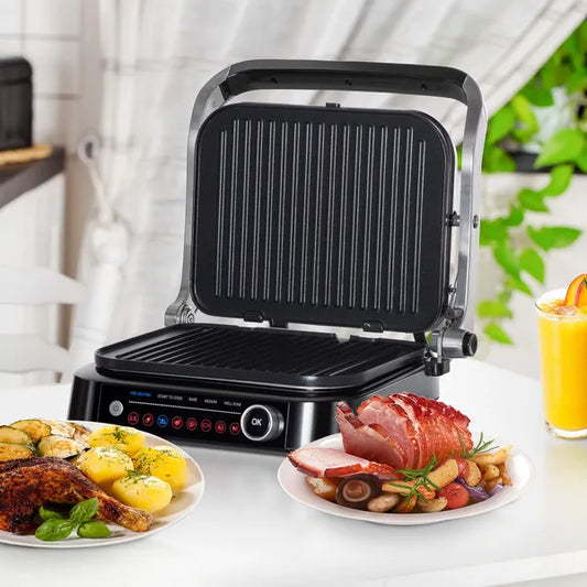HOMCOM Health Grill & Panini Press, 2100W Electric Non-stick Grill with 180° Flat Open, Drip Tray, Removable Plate, Floating Hinges and 8 Automatic Settings