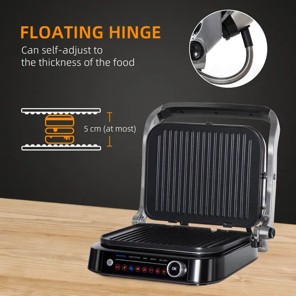 HOMCOM Health Grill & Panini Press, 2100W Electric Non-stick Grill with 180° Flat Open, Drip Tray, Removable Plate, Floating Hinges and 8 Automatic Settings