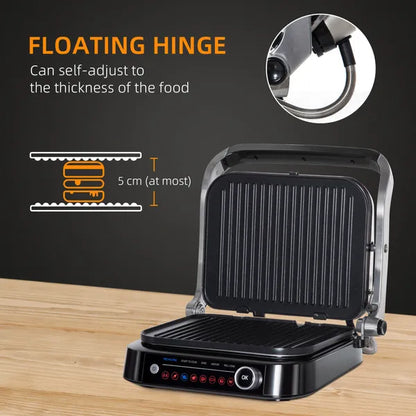 HOMCOM Health Grill & Panini Press, 2100W Electric Non-stick Grill with 180° Flat Open, Drip Tray, Removable Plate, Floating Hinges and 8 Automatic Settings