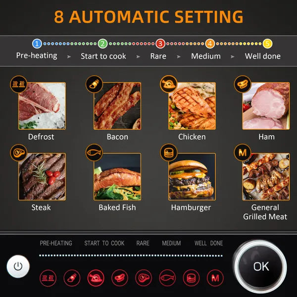 HOMCOM Health Grill & Panini Press, 2100W Electric Non-stick Grill with 180° Flat Open, Drip Tray, Removable Plate, Floating Hinges and 8 Automatic Settings