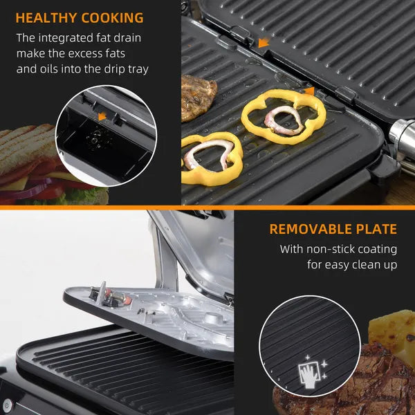 HOMCOM Health Grill & Panini Press, 2100W Electric Non-stick Grill with 180° Flat Open, Drip Tray, Removable Plate, Floating Hinges and 8 Automatic Settings