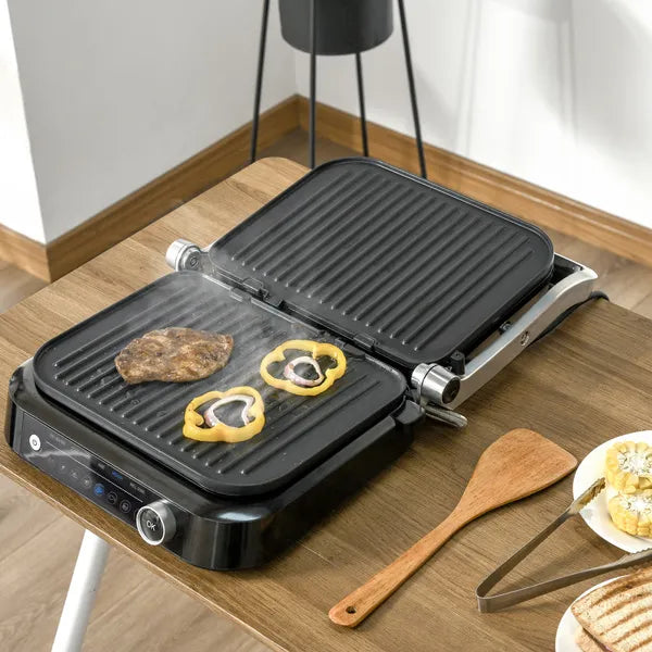 HOMCOM Health Grill & Panini Press, 2100W Electric Non-stick Grill with 180° Flat Open, Drip Tray, Removable Plate, Floating Hinges and 8 Automatic Settings