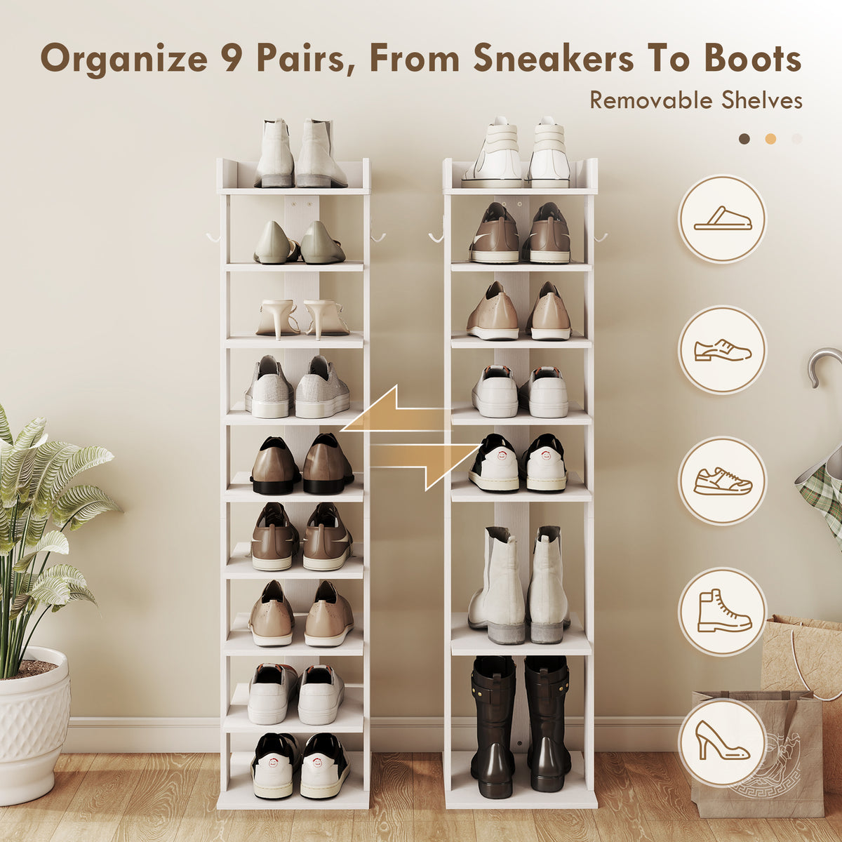 9-Tier Shoe Rack | Graduated Shelf Heights to Size 46 | Removable Shelves for Boots & Heels | Top Tray with Rail | 2 Side Hooks | 30x30x128.4cm | 18kg | Particleboard | Entryway | White