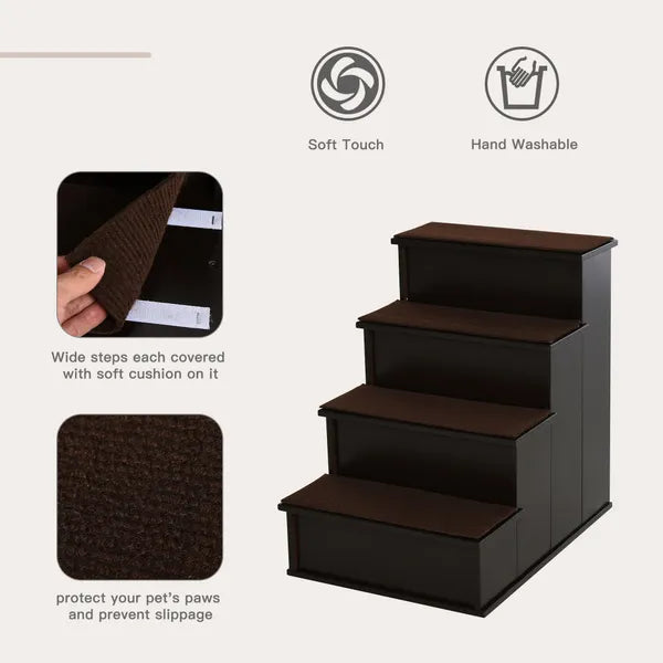 4-Step Wooden Dog Doggy Pet Stair Steps With Soft Short Plush Cushions Ladder Helper