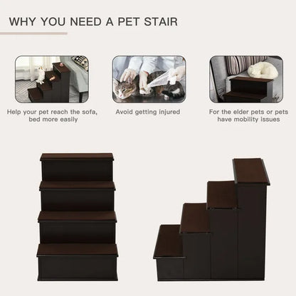 4-Step Wooden Dog Doggy Pet Stair Steps With Soft Short Plush Cushions Ladder Helper