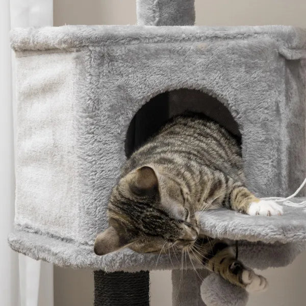PawHut Cat Tree, Cat Tower For Indoor Cats with Sisal Scratching Post, Ramp, Kitten Bed, Condo, Ball Toy, Light Grey, 55x55x94 cm