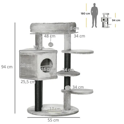 PawHut Cat Tree, Cat Tower For Indoor Cats with Sisal Scratching Post, Ramp, Kitten Bed, Condo, Ball Toy, Light Grey, 55x55x94 cm