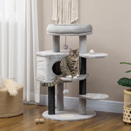 PawHut Cat Tree, Cat Tower For Indoor Cats with Sisal Scratching Post, Ramp, Kitten Bed, Condo, Ball Toy, Light Grey, 55x55x94 cm